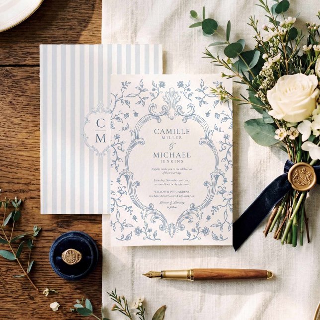 Convite de Casamento Elegante com Crista Toile Azu (Classic Crest Blue Stripe Wedding Invitation)