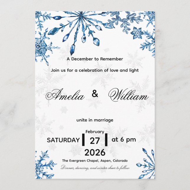Convite de Casamento Elegante com Floco de Neve em (Frente)