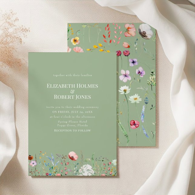 Convite de Casamento Elegante com Flor Silvestre e (Elegant Wildflower Sage Green Wedding Invitation on a silk tablecloth with botanicals)