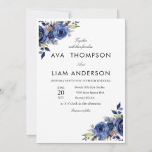 Convite de Casamento Elegante com Floral Azul Mari
