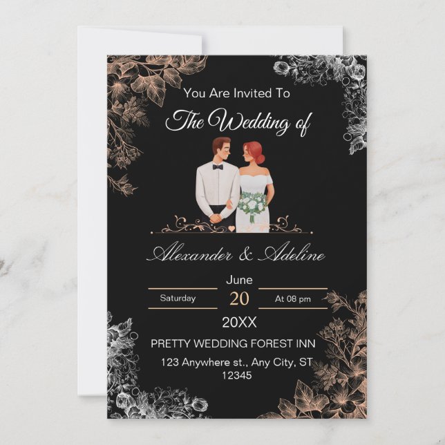 Convite de Casamento Elegante com Floral Escuro (Frente)