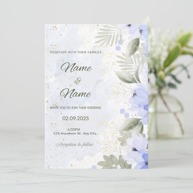 Convite de casamento elegante com flores azuis (Em pé/Frente)