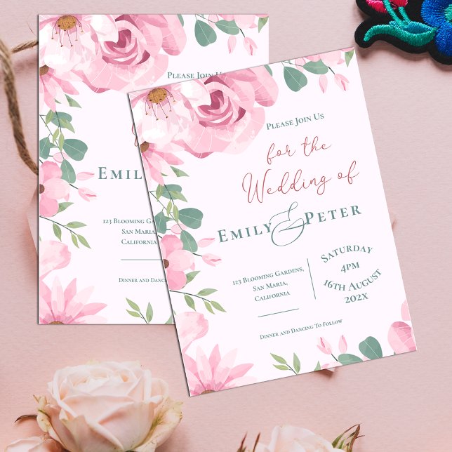 Convite de Casamento Elegante com Flores Rosa Blus (Elegant Blush Pink Florals Wedding Invitation Postcard)