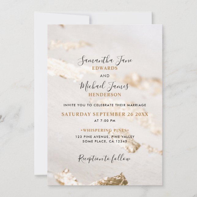 Convite de Casamento Elegante com Folha de Ouro Fa (Frente)