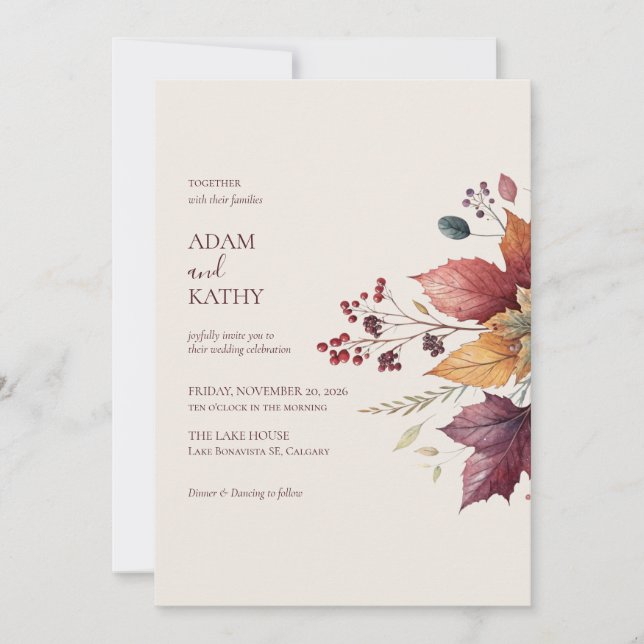 Convite de Casamento Elegante com Folhas de Bordo  (Frente)