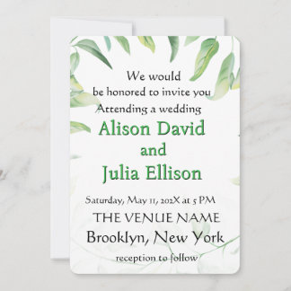 Convite de casamento elegante com folhas verdes