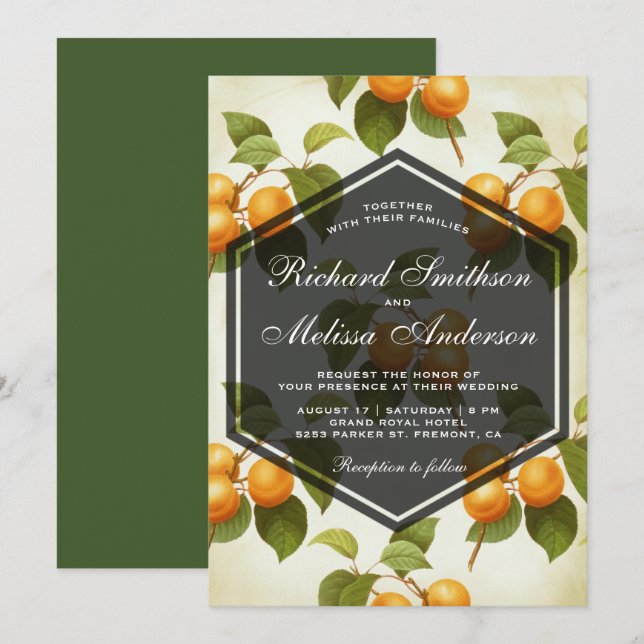 Convite de Casamento Elegante com Fruta Damasco Vi (Frente/Verso)
