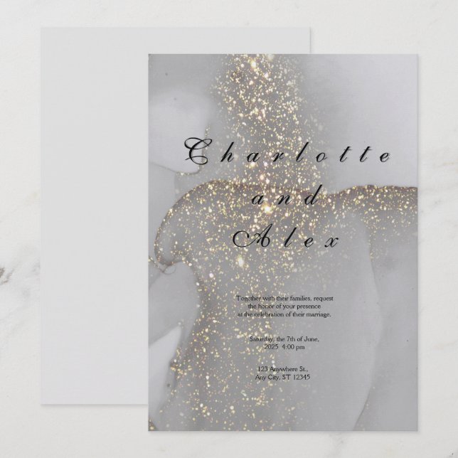 Convite de Casamento Elegante com Glitter Cinza e  (Frente/Verso)