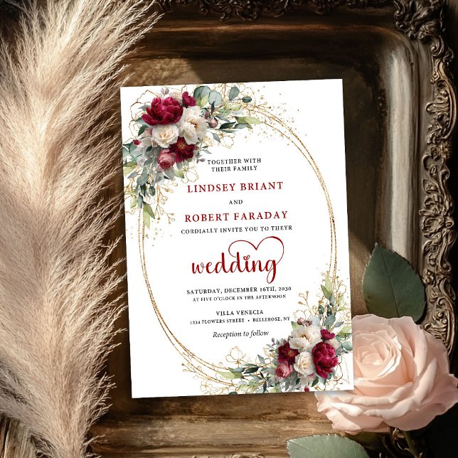Convite de Casamento Elegante com Moldura Dourada  (Burgundy Floral Gold Frame Elegant Wedding Invite)