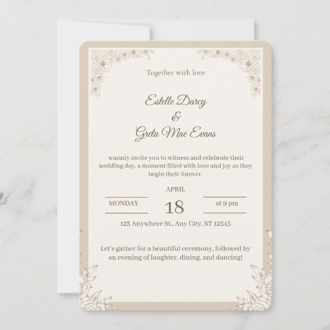 Convite de Casamento Elegante com Padrões Florais (Frente)