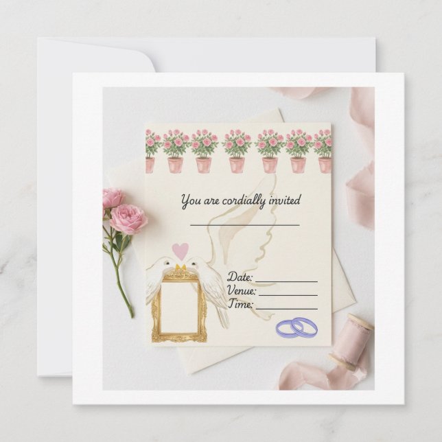 Convite de Casamento Elegante com Pombo e Rosa em  (Frente)