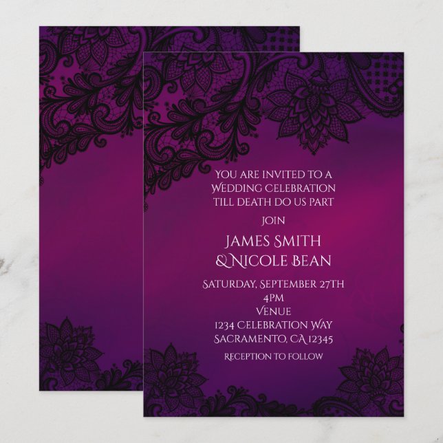 Convite de Casamento Elegante com Renda Rosa e Rox (Frente/Verso)