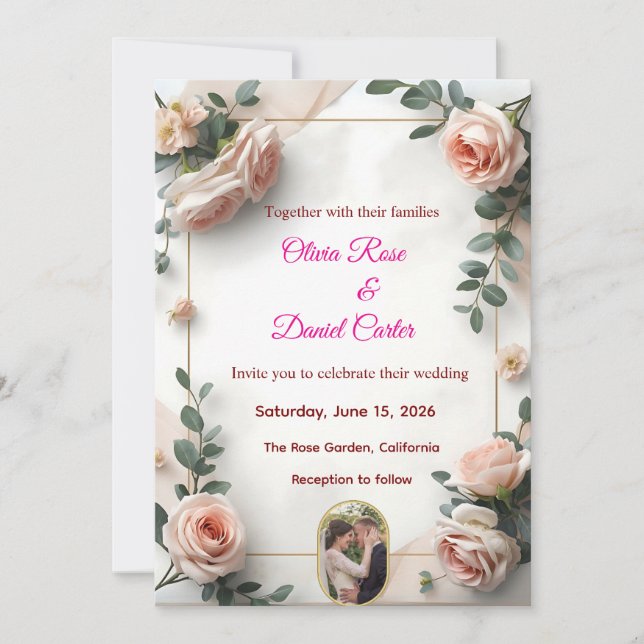 Convite de Casamento Elegante com Rosa e Folhagem (Frente)