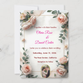 Convite de Casamento Elegante com Rosa e Folhagem