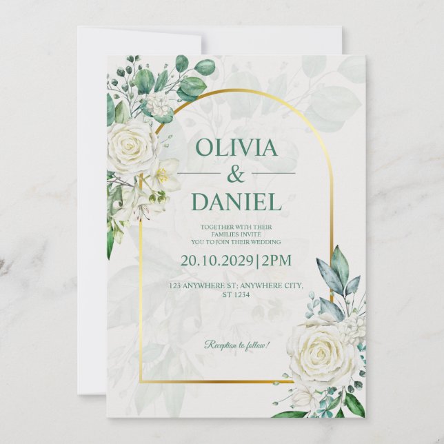 Convite de Casamento Elegante com Rosas Brancas em (Frente)