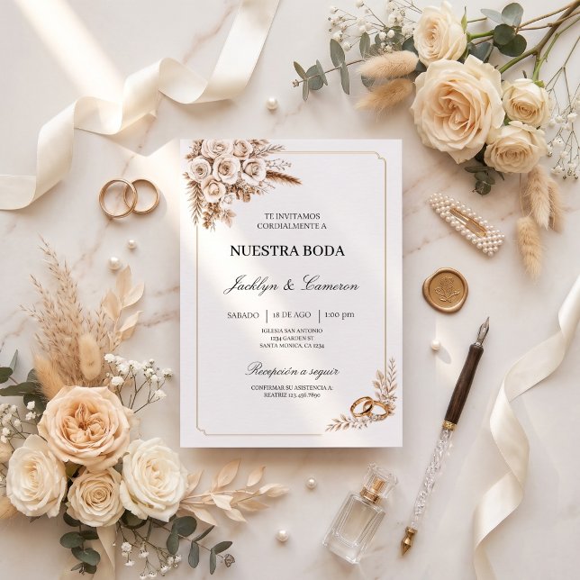 Convite de Casamento Elegante com Rosas Marfim (Criador carregado)