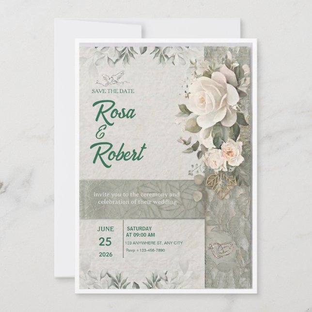 Convite de Casamento Elegante com Rosas Verde Sálv (Frente)