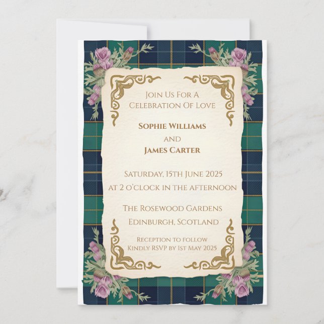 Convite de Casamento Elegante com Tartã Celta e Ca (Frente)