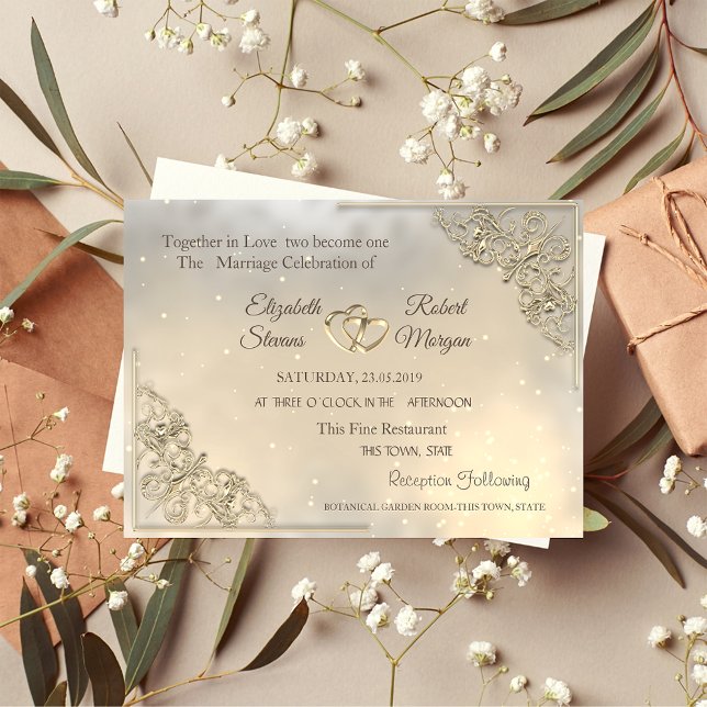 Convite de Casamento Elegante Corações Dourados Ch (Criador carregado)