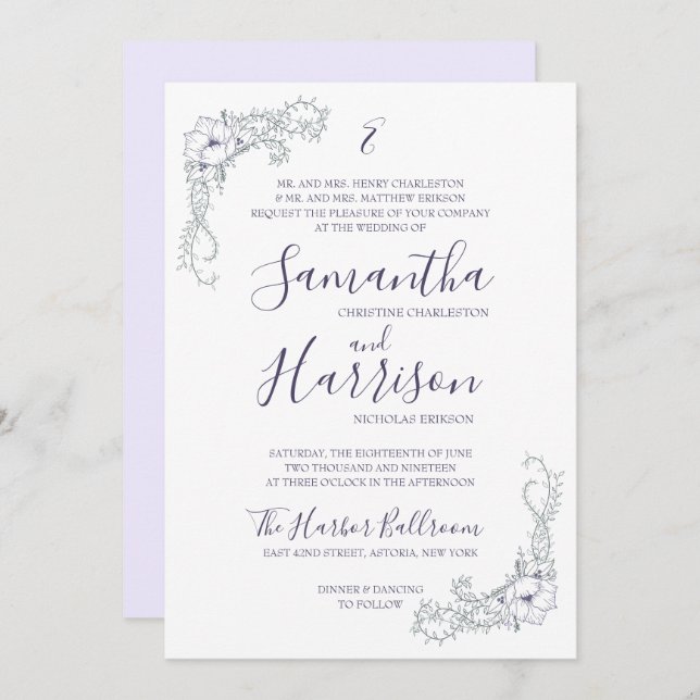 Convite de casamento elegante da lavanda e mínimo (Frente/Verso)
