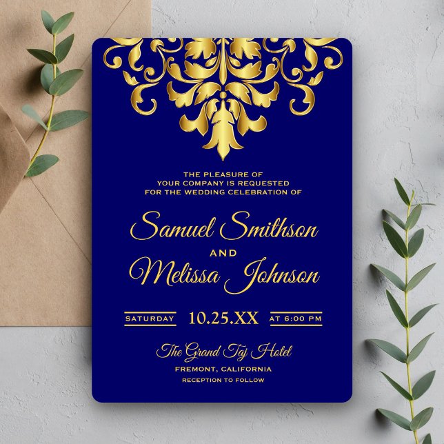 Convite de Casamento Elegante Damasco Azul Real Do (Criador carregado)