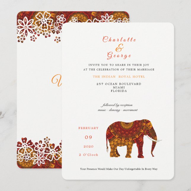 Convite de casamento Elegante de Elefante Indiano  (Frente/Verso)