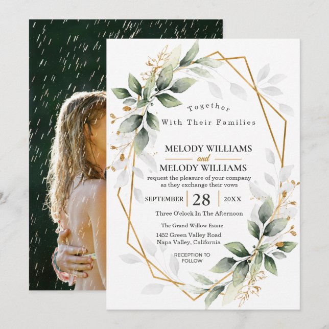 Convite de Casamento Elegante de Eucalipto Verde S (Frente/Verso)