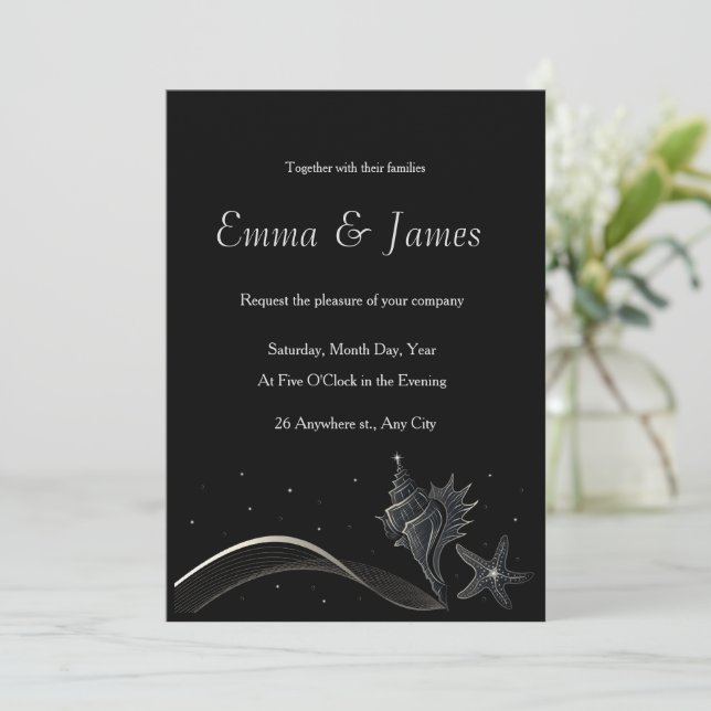 Convite de Casamento Elegante de Praia com Concha  (Em pé/Frente)