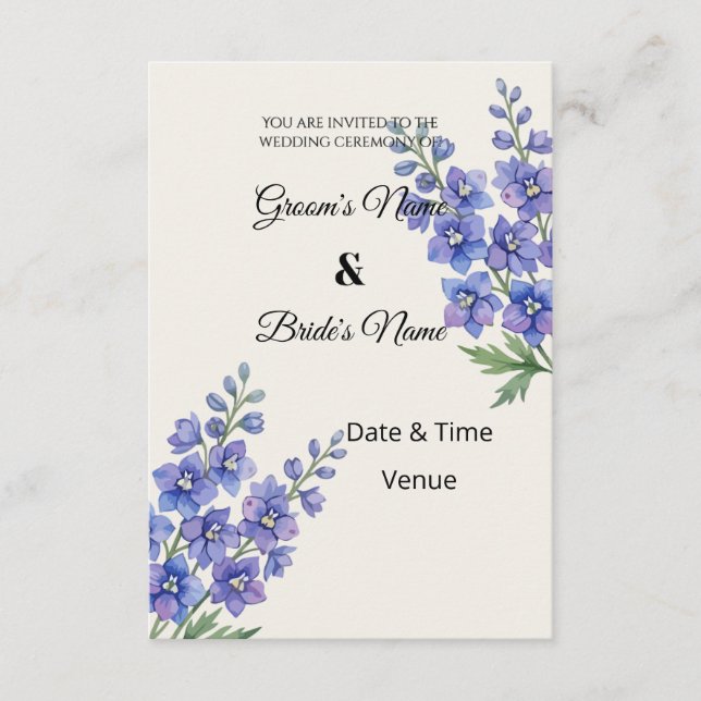 Convite de Casamento Elegante Delphinium Roxo (Frente)