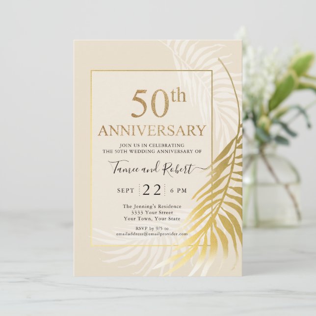 Convite de casamento elegante dourado branco 50º (Em pé/Frente)