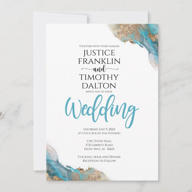 Convite de casamento elegante dourado e turquesa (Frente)