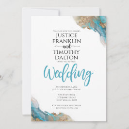Convite de casamento elegante dourado e turquesa