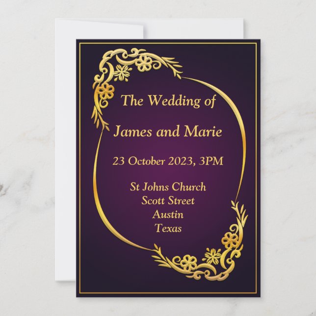 Convite de Casamento Elegante, dourado, roxo (Frente)