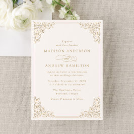 Convite de Casamento Elegante Dourado Vintage Orna
