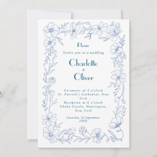 Convite de Casamento Elegante em Azul com Design F