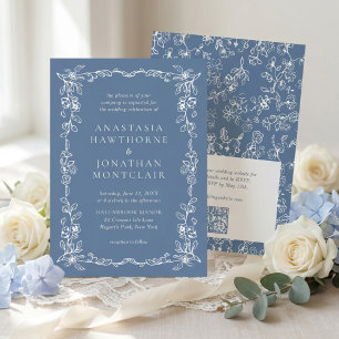 Convite de Casamento Elegante em Azul Poeirento co