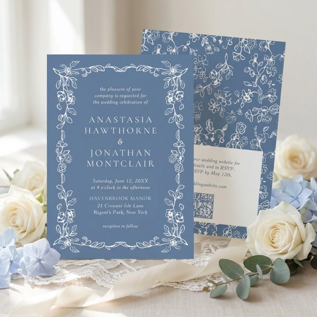 Convite de Casamento Elegante em Azul Poeirento co (Criador carregado)