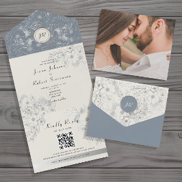 Convite de Casamento Elegante em Azul Poeirento co