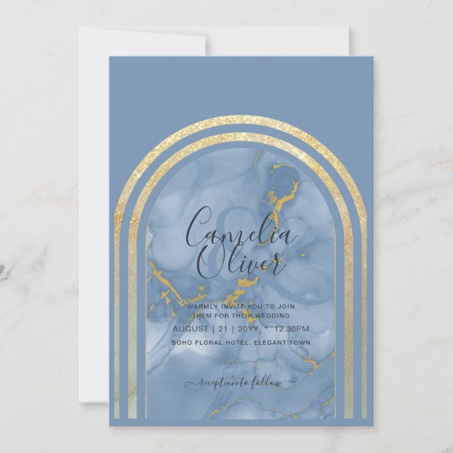 Convite de Casamento Elegante em Azul Poeirento co (Frente)