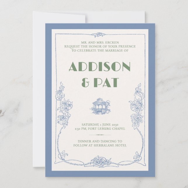 Convite de Casamento Elegante em Azul Poeirento Vi (Frente)