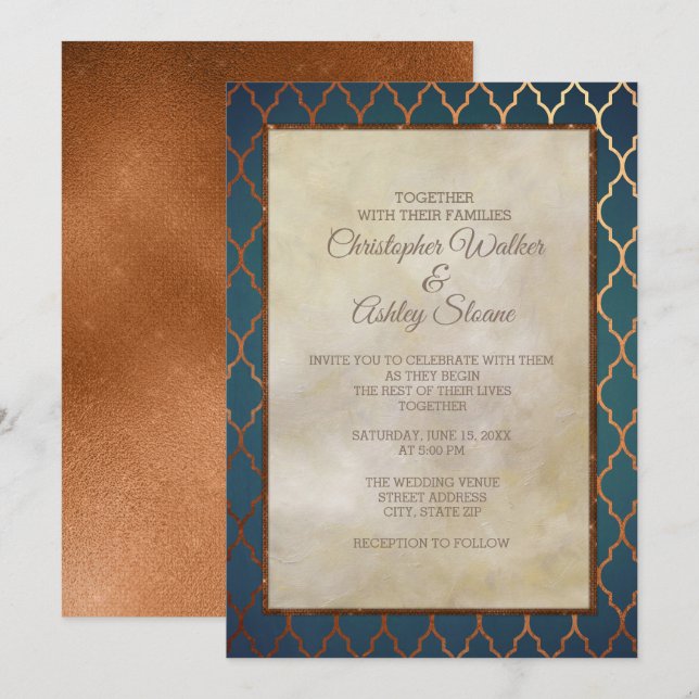 Convite de Casamento Elegante em Azul Turquesa e C (Frente/Verso)