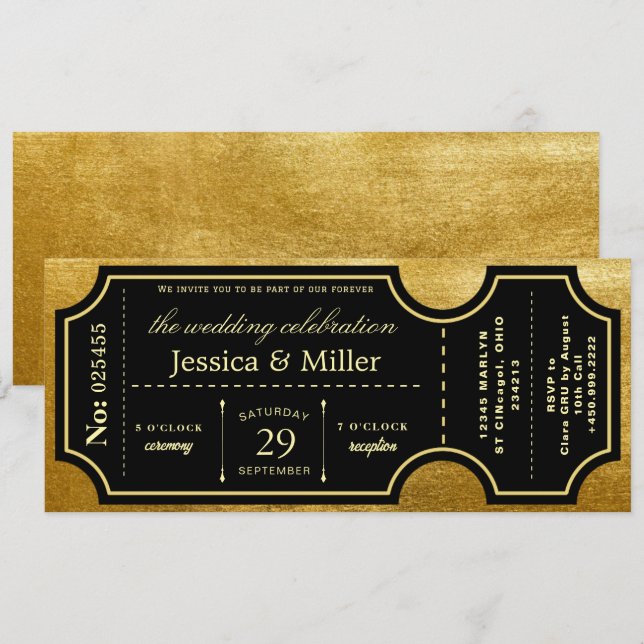 Convite de Casamento Elegante em Bilhete Preto e D (Frente/Verso)