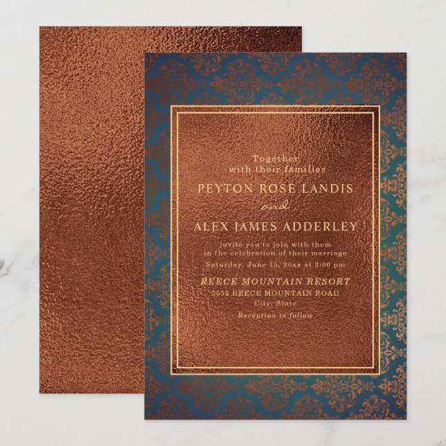 Convite de Casamento Elegante em Cobre e Damask Te (Frente/Verso)