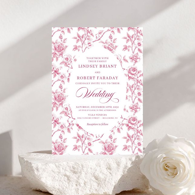 Convite de Casamento Elegante em Dourado Rosa Toil (Elegant Rose Gold Toile de Jouy Wedding Invitation)