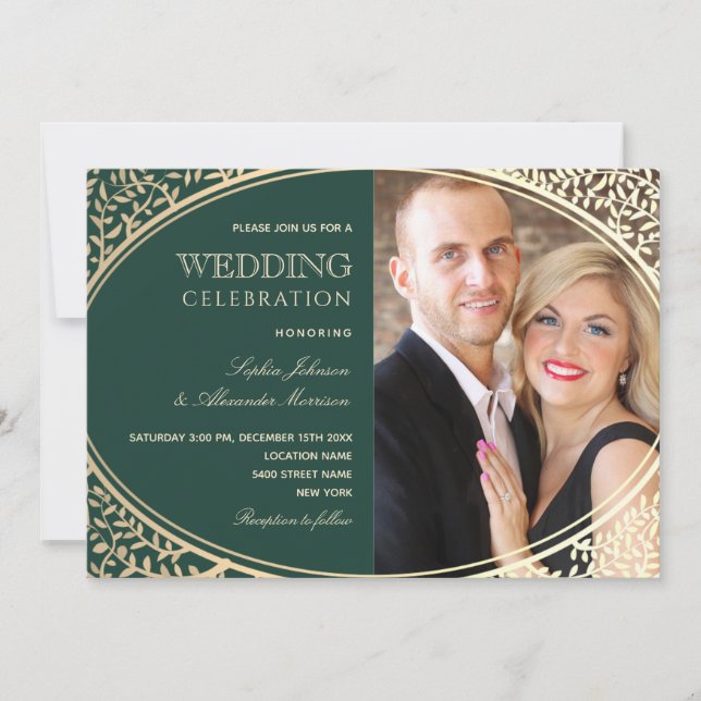 Convite de Casamento Elegante em Ouro e Verde Esme (Frente)