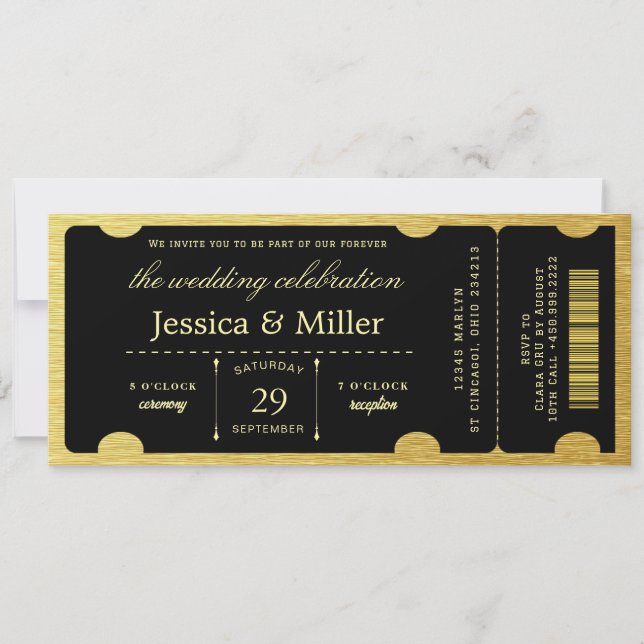 Convite de Casamento Elegante em Preto e Dourado e (Frente)