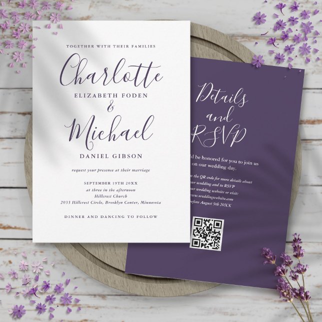 Convite de Casamento Elegante em Roxo com Código Q (Purple Elegant Script QR Code Wedding Invitation)