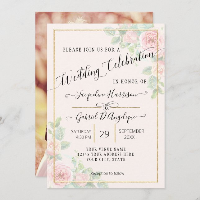 Convite de Casamento Elegante em Script Floral com (Frente/Verso)