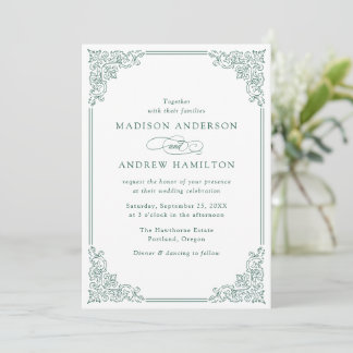 Convite de Casamento Elegante em Verde com Moldura