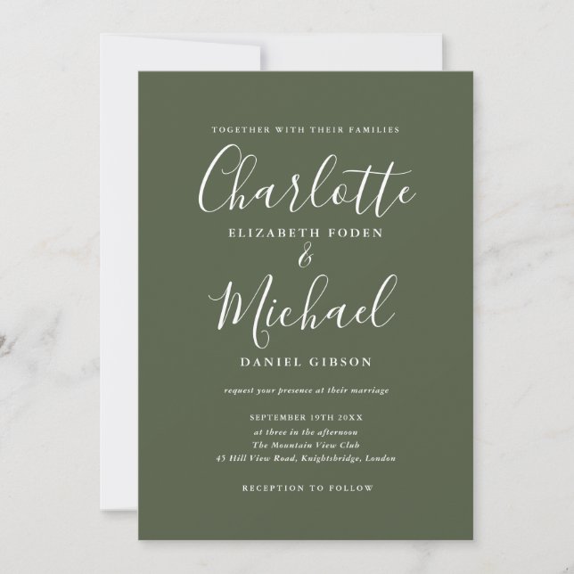 Convite de Casamento Elegante em Verde Oliva com A (Frente)